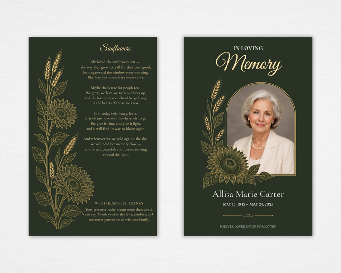 Golden Harvest funeral program template — standard size, front and back cover, deep forest green background with gold and olive line-art sunflowers and wheat stalks, arched portrait frame on the front cover