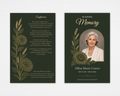 Golden Harvest funeral program template — standard size, front and back cover, deep forest green background with gold and olive line-art sunflowers and wheat stalks, arched portrait frame on the front cover