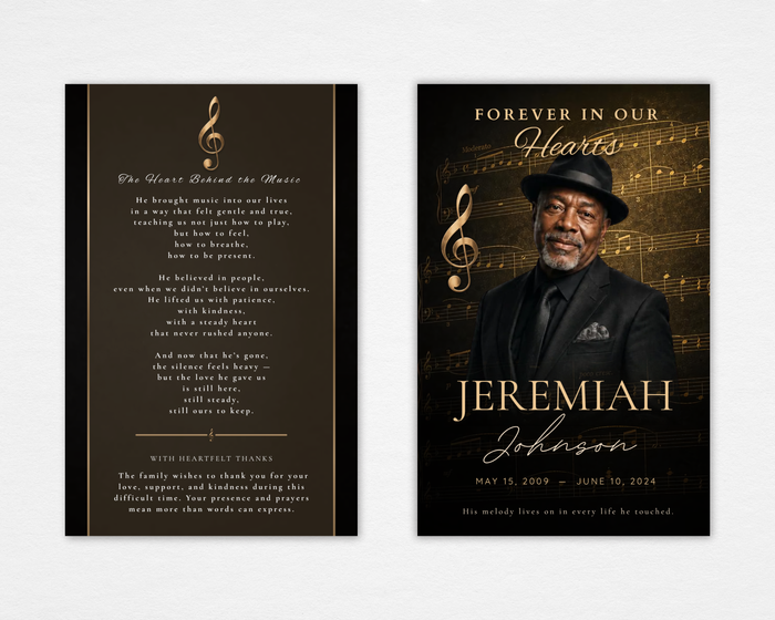 Golden Notes funeral program front and back — black background, gold sheet music and treble clef accent, full-bleed portrait cover, original memorial poem and acknowledgements back page, gold script and serif typography