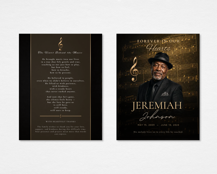 Golden Notes funeral program front and back — black background, gold sheet music and treble clef accent, full-bleed portrait cover, original memorial poem and acknowledgements back page, gold script and serif typography (tabloid)