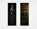 Golden Notes memorial bookmark — black background with gold treble clef and original poem "The Heart Behind the Music" on front; faded gold sheet music background with portrait photo placeholder, bold gold and script name, dates, and "Forever in Our Hearts" header on back — front and back