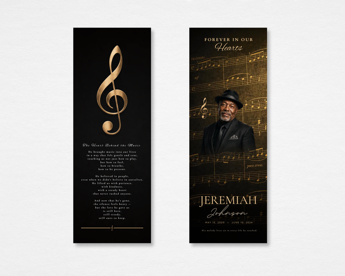 Golden Notes memorial bookmark — black background with gold treble clef and original poem "The Heart Behind the Music" on front; faded gold sheet music background with portrait photo placeholder, bold gold and script name, dates, and "Forever in Our Hearts" header on back — front and back