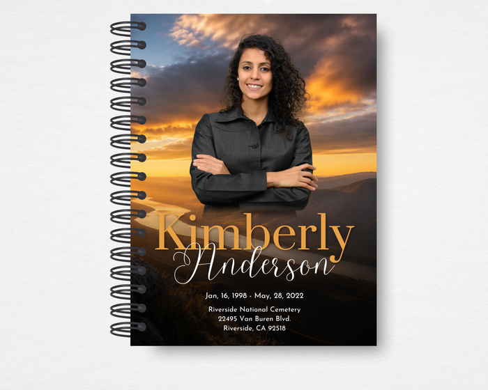 Golden Sunset Cross Memorial Guest Book Template — Canva editable, 17-page spiral-bound guest book with cross and dove sunset cover, faith-based funeral stationery