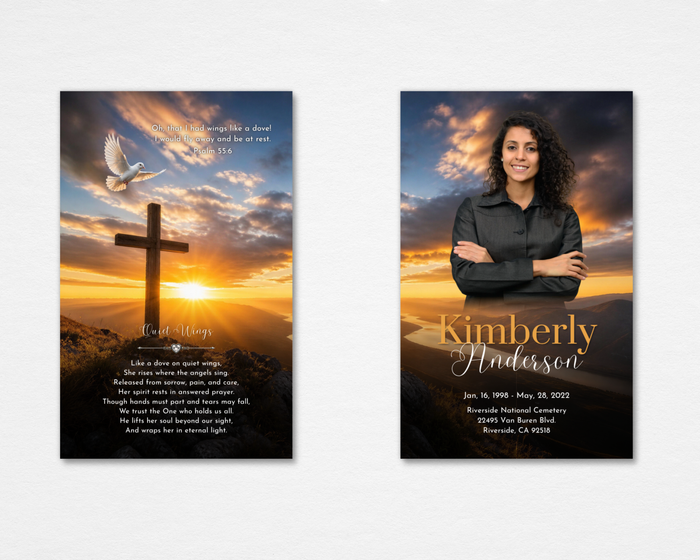 Golden Sunset Cross Memorial Prayer Card Template — Canva editable, front and back, cross and dove sunset design, faith-based funeral prayer card