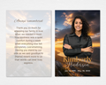 Golden Sunset Cross memorial thank you card — dramatic golden mountain sunset background with full-bleed portrait photo placeholder, bold gold script name and dates on front; soft cloud sky background with "Always Remembered" script header and editable thank you message on back — front and back