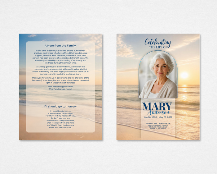 Golden Tide Beach funeral program front and back — warm golden ocean sunset background, arched portrait frame, navy blue Celebrating the Life Of script header, If I Should Go Tomorrow poem and family note back page (tabloid)