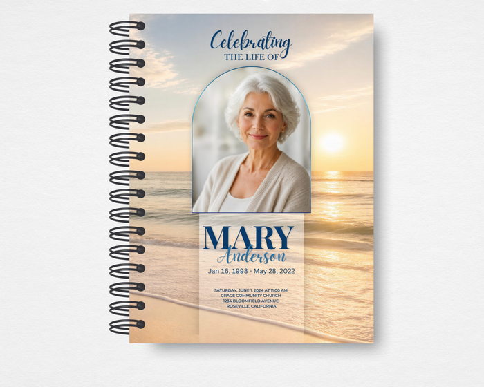 Golden Tide memorial guest book front cover with editable photo placeholder, name, and dates — coastal beach Canva template
