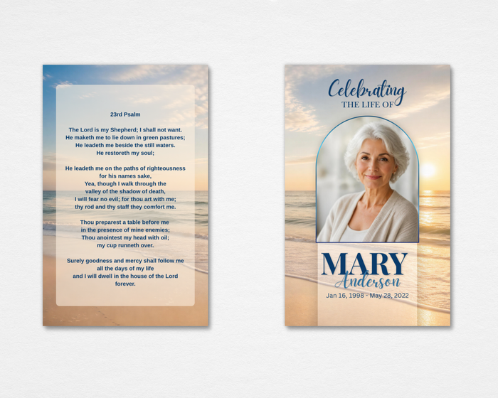 Golden Tide memorial prayer card — warm golden beach sunset background with arched portrait photo placeholder, "Celebrating the Life Of" script header, bold navy name and script surname, and dates on front; 23rd Psalm on translucent back panel — front and back
