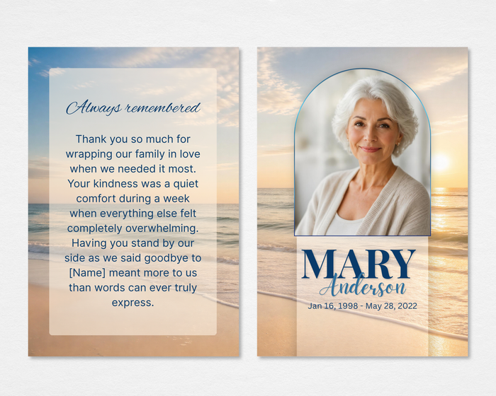 Golden Tide Memorial Thank You Card Template — front and back shown, coastal sunrise design with arched photo frame, navy and gold tones, editable in Canva