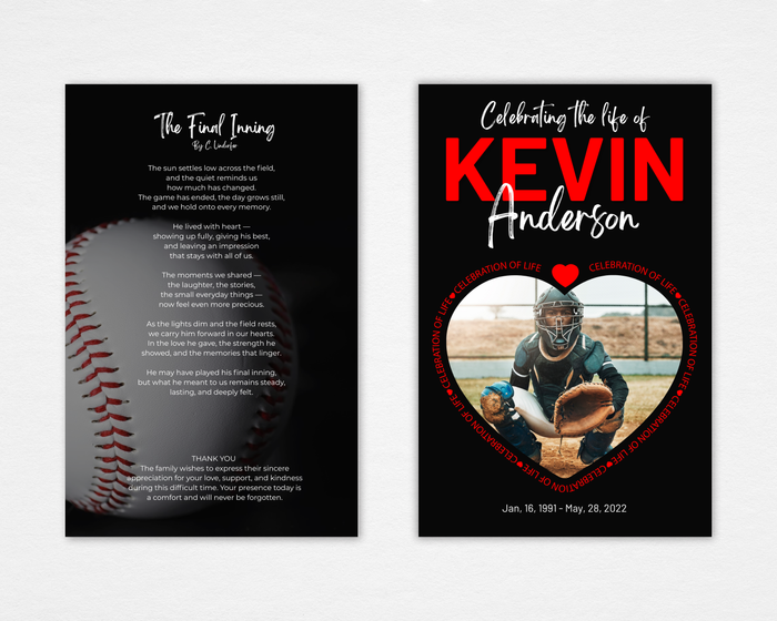 Final Inning funeral program front and back — black background, close-up baseball back page, heart-shaped portrait frame with circular text border, bold red and white typography