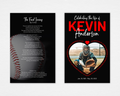 Final Inning funeral program front and back — black background, close-up baseball back page, heart-shaped portrait frame with circular text border, bold red and white typography