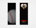 Heart of the Game memorial bookmark — black background with close-up baseball on front; heart-shaped photo placeholder with "Celebration of Life" circular border, bold red and white name, and dates on back — front and back