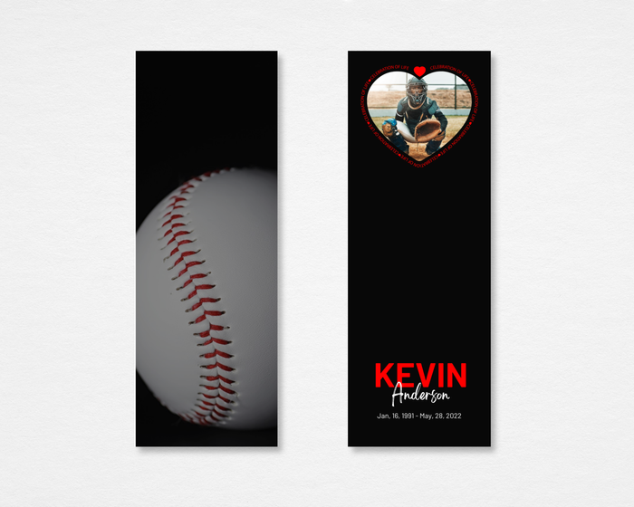 Heart of the Game memorial bookmark — black background with close-up baseball on front; heart-shaped photo placeholder with "Celebration of Life" circular border, bold red and white name, and dates on back — front and back
