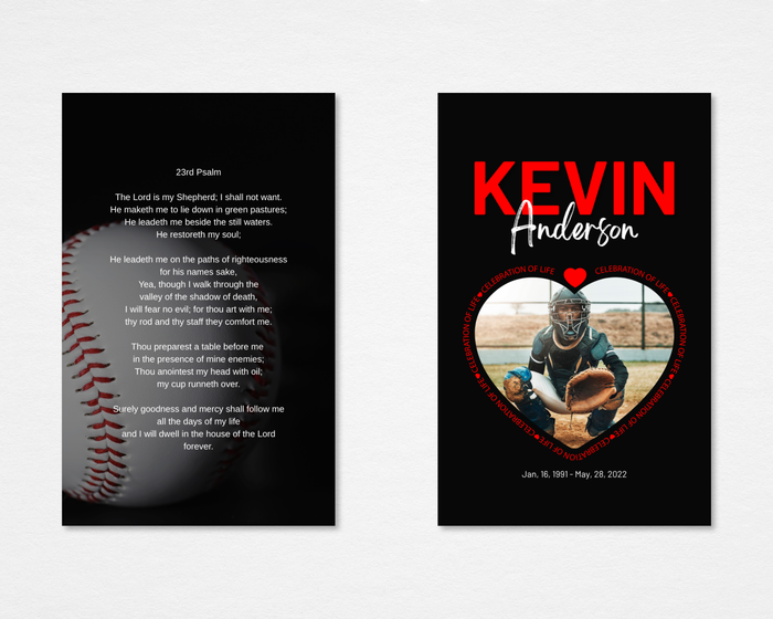 Heart of the Game memorial prayer card — black background with close-up baseball and 23rd Psalm on front; heart-shaped photo placeholder with "Celebration of Life" circular border text, bold red and white name, and dates on back — front and back