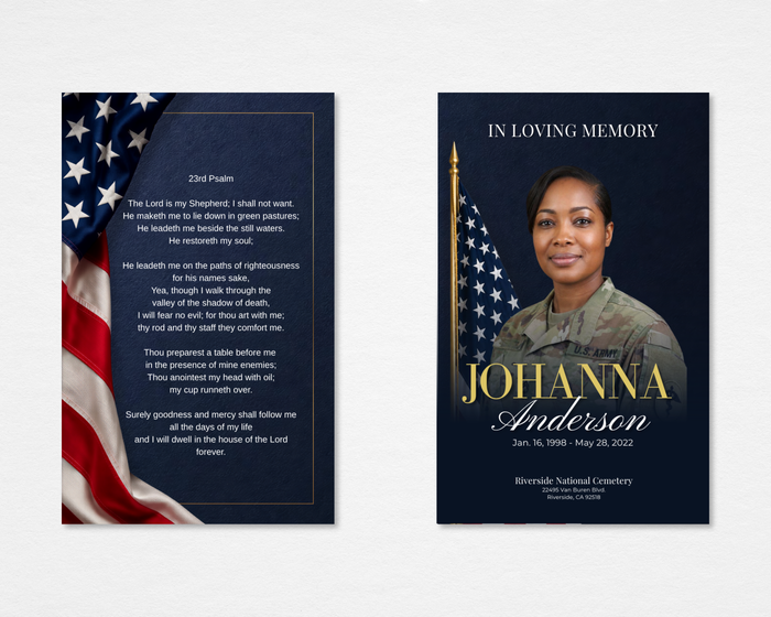 Home of the Brave patriotic military memorial prayer card template — Canva editable template