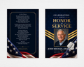 Honor and Service funeral program cover — navy blue background, gold chevron stripes, rectangular portrait frame, military dog tags, American flag drape, gold HONOR and SERVICE typography