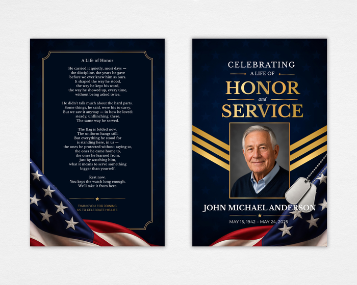Honor and Service funeral program cover — navy blue background, gold chevron stripes, rectangular portrait frame, military dog tags, American flag drape, gold HONOR and SERVICE typography