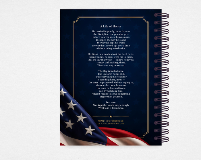 Honor and Service memorial guest book back cover — navy blue with American flag drape, gold-bordered text box with original poem "A Life of Honor," and Thank You acknowledgment line — Standard size