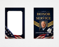 Honor and Service memorial prayer card — navy blue with American flag drape and gold chevron stripes; front with photo placeholder and "A Life of Honor and Service" title; back with editable text area — front and back