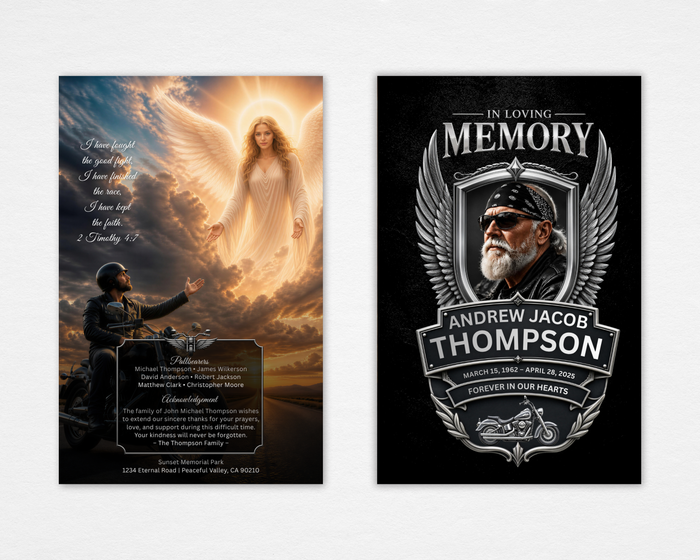 Iron Wings funeral program front and back — black background, chrome winged shield badge portrait frame with Harley motorcycle accent, angel and biker reaching toward heaven back page, silver bold typography
