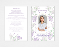 Lilac Whisper funeral program template front and back — white background with soft watercolor lilac blooms and sage green leaves, gold arched photo frame, 'IN LOVING MEMORY' serif header, slate script name and dates. Standard size.
