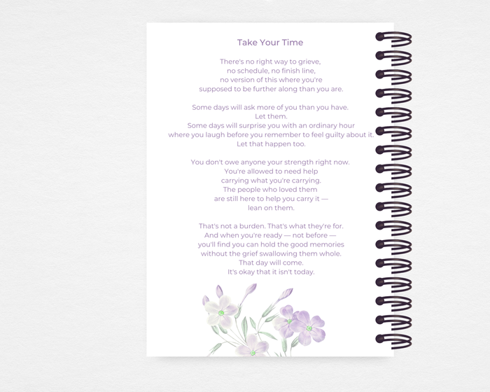 Lilac Whisper memorial guest book template back cover — scattered watercolor lilac florals on white with original poem Take Your Time by C. Lindorfer, spiral bound — Standard size