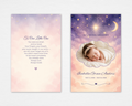 Little Light funeral program cover — soft purple and peach watercolor sky, crescent moon and gold stars, cloud portrait frame, delicate script typography