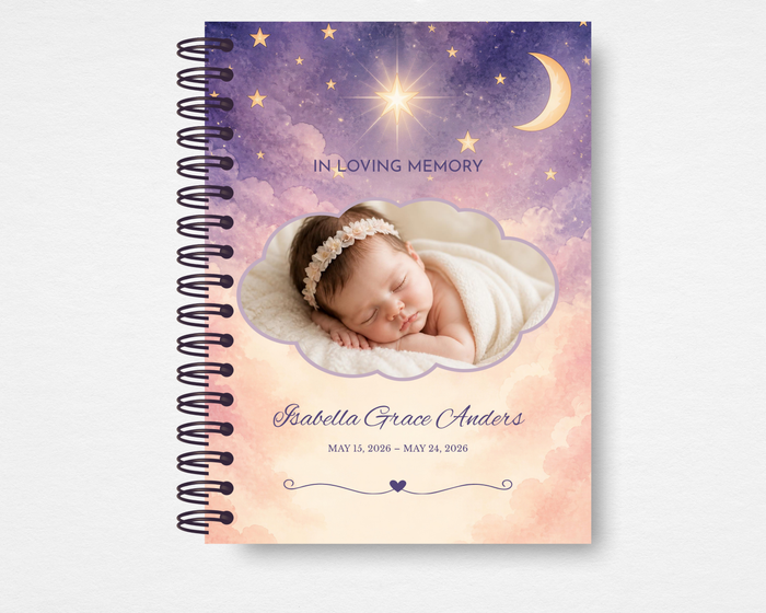 Little Light infant loss memorial guest book Canva template — editable — front cover with celestial watercolor sky, cloud-shaped photo frame, gold stars, crescent moon, and script name typography
