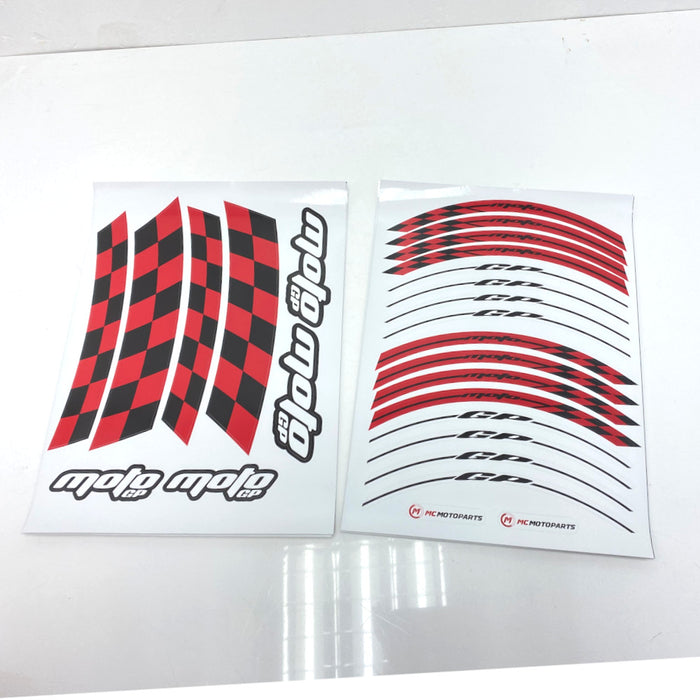Moto GP black check 17-inch wheel rim sticker set by StickerBao, featuring front and rear wheel decals for motorcycle customization.