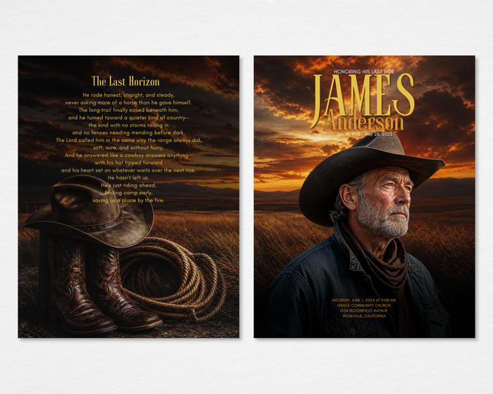 Open Range western cowboy funeral program template — front and back tabloid spread — Canva editable