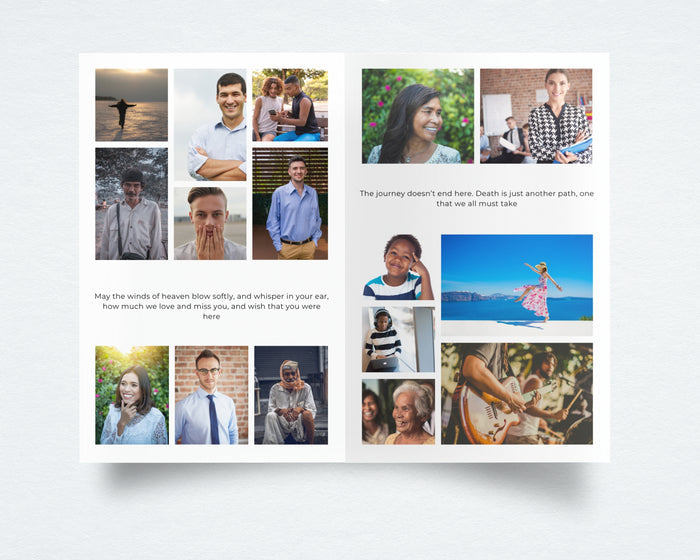 Funeral program interior spread — memorial photo collage pages with tribute quotes