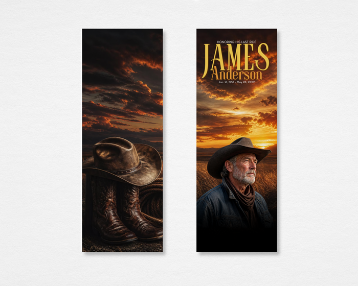 Open Range western cowboy memorial bookmark template — Canva editable