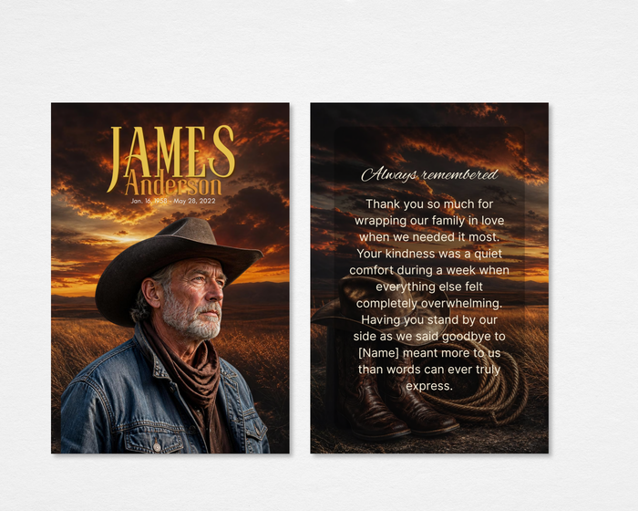 Open Range memorial thank you card — dramatic prairie sunset background with cowboy hat and rope on front with bold gold name and dates; matching sunset scene with cowboy boots, lasso, and editable "Always Remembered" thank you message on back — front and back