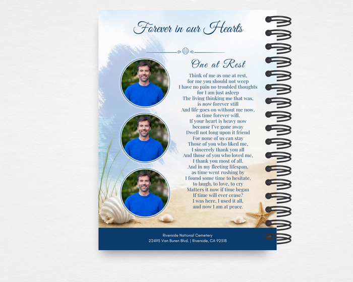 Peaceful Shore Memorial Guest Book template back cover — soft watercolor beach background with three circular photo frames, One at Rest poem, seashells and starfish accents, navy footer bar. Canva editable