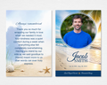 Peaceful Shore Memorial Thank You Card Template — coastal watercolor beach design with photo placeholder, name, and dates. Canva editable.