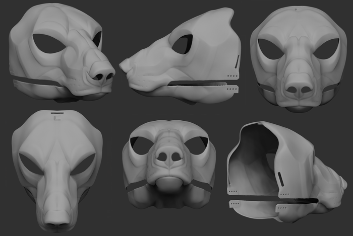 Gray 3D models of a polar bear mask or fursuit base from different angles on a dark background.