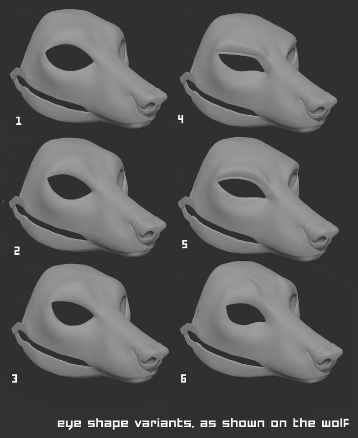 Various eye shape variants for a mask/fursuit base shown on a canine 3D model on a dark background.