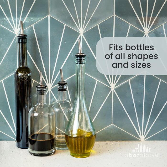 Infographic demonstrating how stainless steel pour spouts fit various bottle sizes, with a feature callout (details in description).