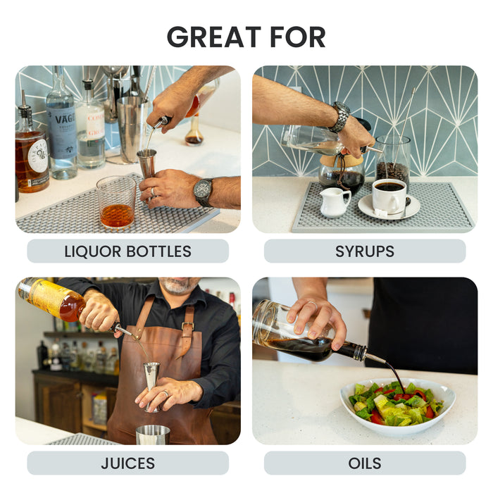 Labeled graphic illustrating the versatile uses for stainless steel pour spouts, including liquor, syrups, juices, and oils (details in description).
