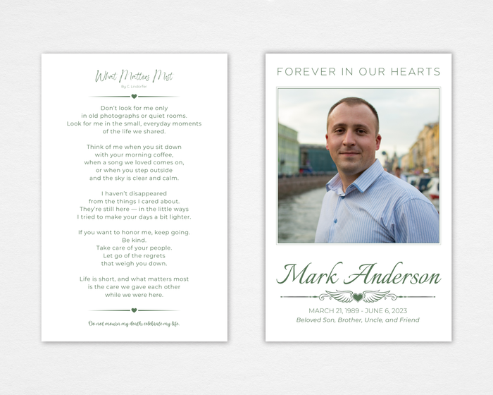 Quiet Classic funeral program front and back — white background, full-bleed portrait cover with sans-serif header, winged heart divider, script name typography, original poem on back page
