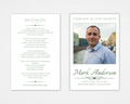 Quiet Classic funeral program front and back — white background, full-bleed portrait cover with sans-serif header, winged heart divider, script name typography, original poem on back page