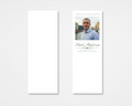 Quiet Classic memorial bookmark — clean white background with rectangular portrait photo placeholder, "Forever in Our Hearts" header in sage green caps, script name, dates, winged heart divider, and italic relationship line on front; plain white back — front and back