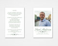 Prayer Card (replace existing): Quiet Classic memorial prayer card — clean white background with rectangular portrait photo placeholder, script name, dates, winged heart
divider, and italic relationship line on front; 23rd Psalm in clean serif type with winged heart divider on back — front and back
