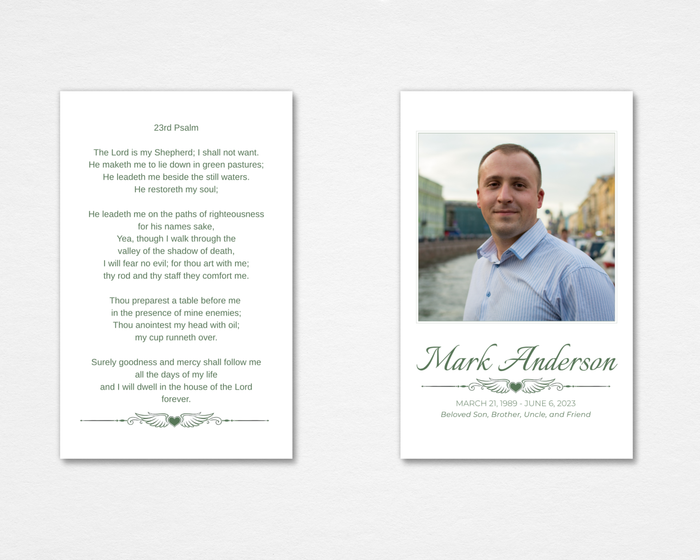 Prayer Card (replace existing): Quiet Classic memorial prayer card — clean white background with rectangular portrait photo placeholder, script name, dates, winged heart
divider, and italic relationship line on front; 23rd Psalm in clean serif type with winged heart divider on back — front and back