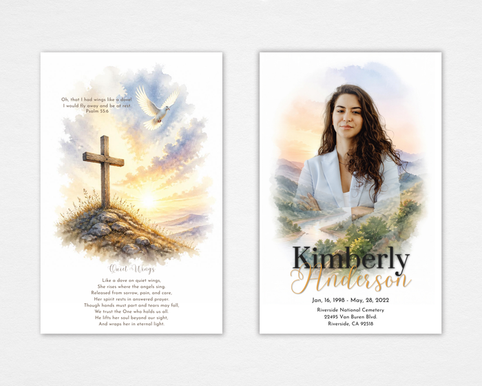 Quiet Wings funeral program front and back — white background, watercolor hilltop cross with white dove at sunrise, full-bleed mountain valley portrait cover, black bold and gold script typography