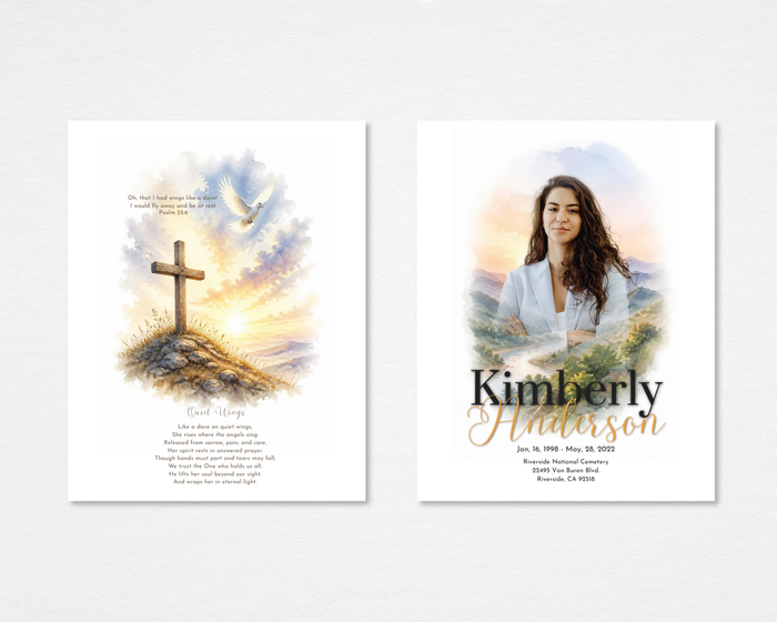 Quiet Wings funeral program front and back — white background, watercolor hilltop cross with white dove at sunrise, full-bleed mountain valley portrait cover, black bold and gold script typography (tabloid)