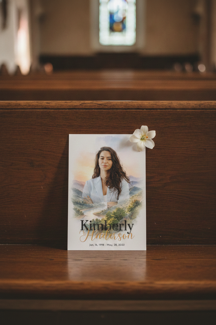 Quiet Wings memorial prayer card on church pew — watercolor mountain landscape portrait cover, religious funeral prayer card template