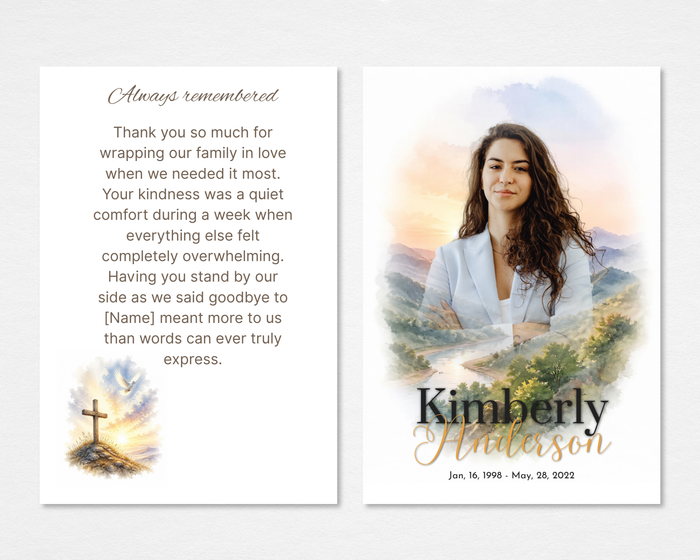 Quiet Wings Memorial Thank You Card template — watercolor sunrise cross and dove design, editable in Canva