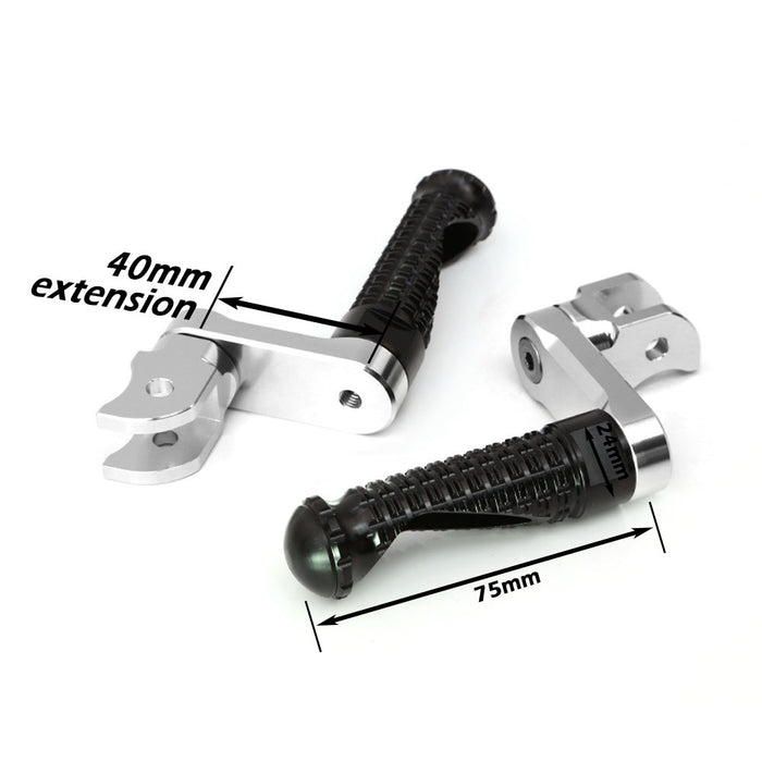 Black 40mm extension rear foot pegs for Aprilia Dorsoduro 750/900 and Tuono V4R, made by MC Motoparts, detailed close-up image.