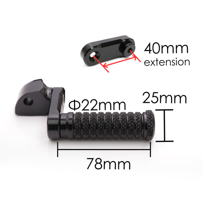 Black 40mm extension rear foot pegs for Aprilia RSV1000 Tuono V4R, designed for lower riding position, by MC Motoparts.